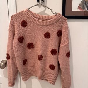 Madewell Pink and Red Crew Neck Sweater with Pom-Pom Details